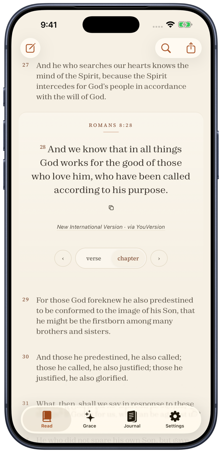 undertext chapter reader centered on Romans 8:28 in a framed iPhone