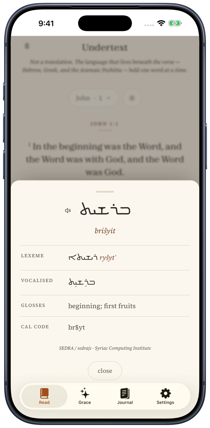 undertext reader showing an Aramaic word and its spoken pronunciation in a framed iPhone